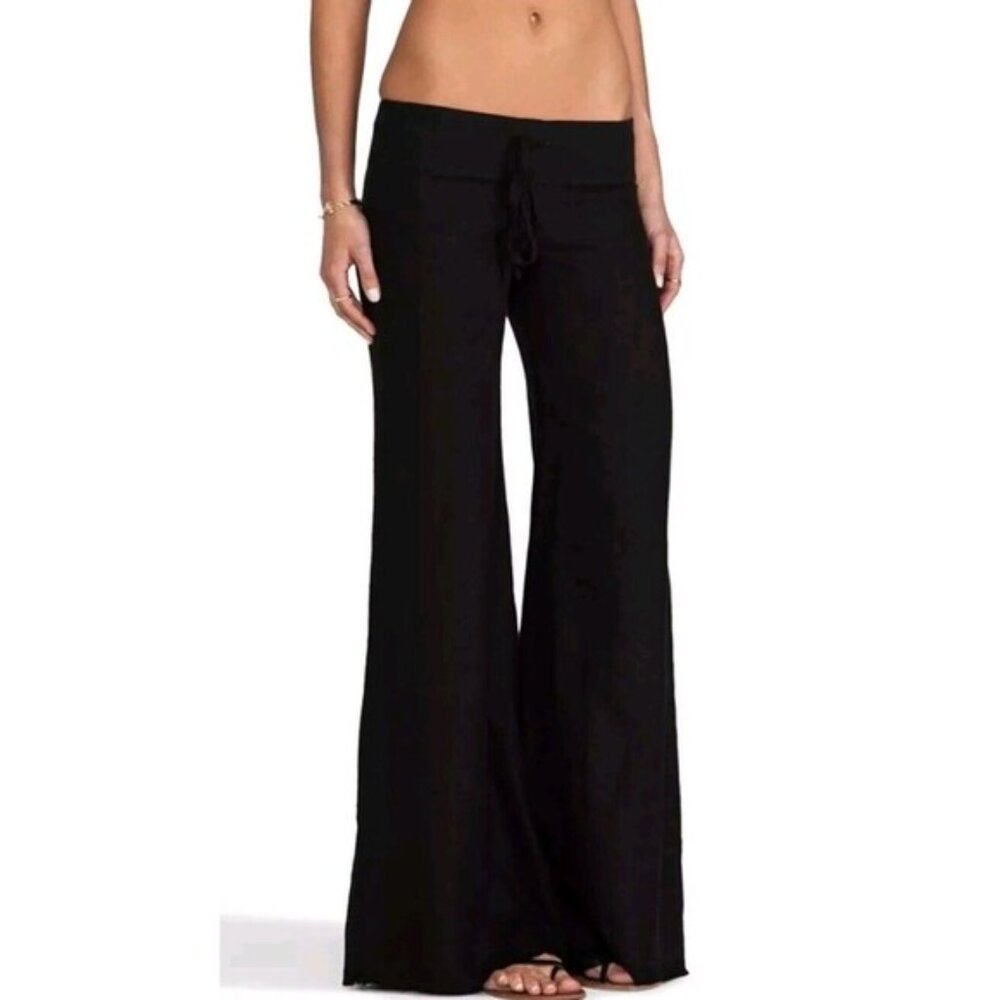 Krisa Revolve Womens BLACK Linen Stretch Waist Wide Leg Casual Pocket Pants Sz L
